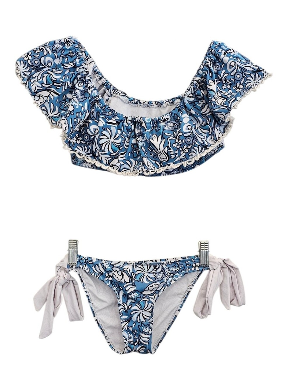 Ruffle Off Shoulder Blue White Tie Up Sides Low Rise Bikini Lace Trim size small